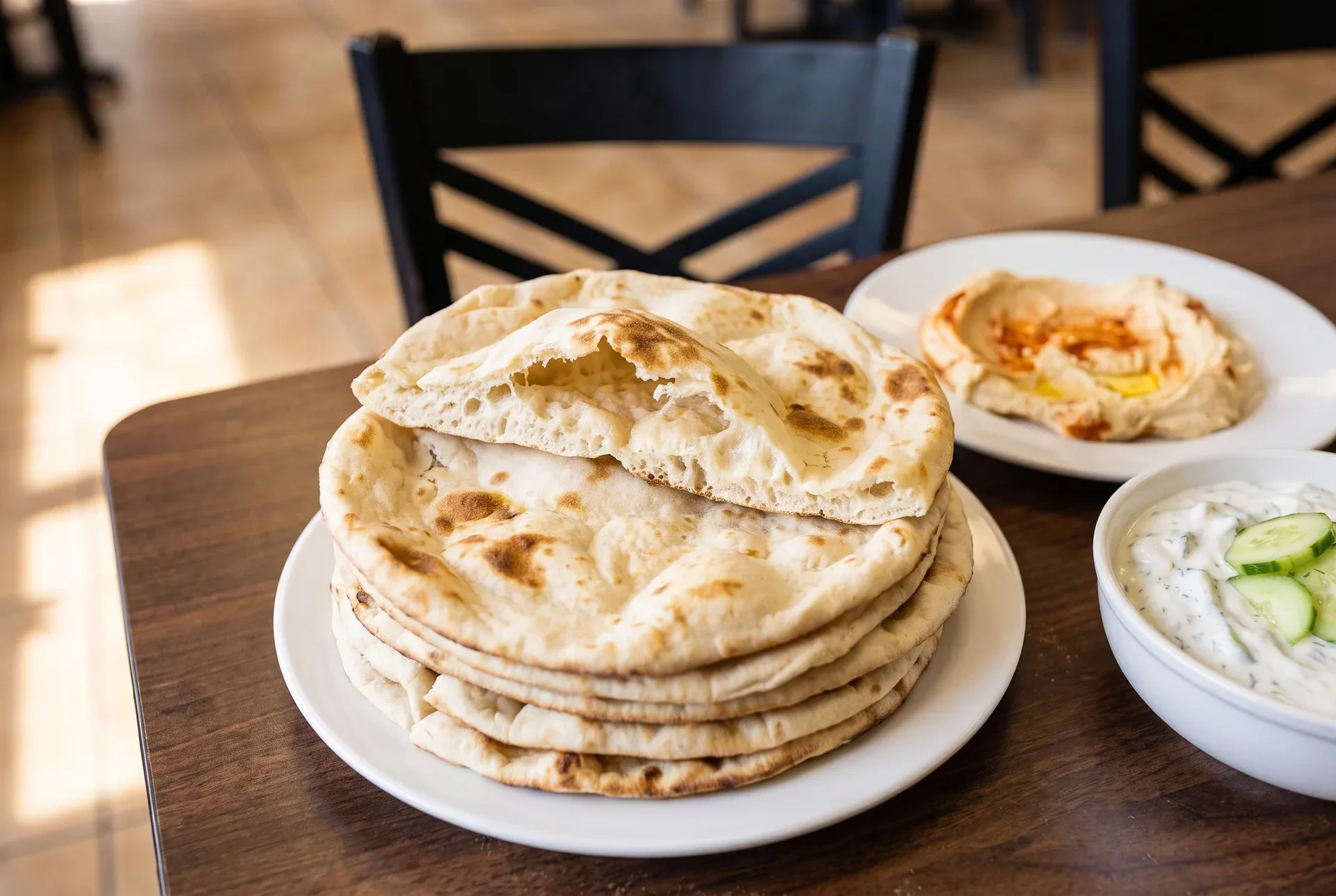 Fresh tandoori bread with hummus and yogurt